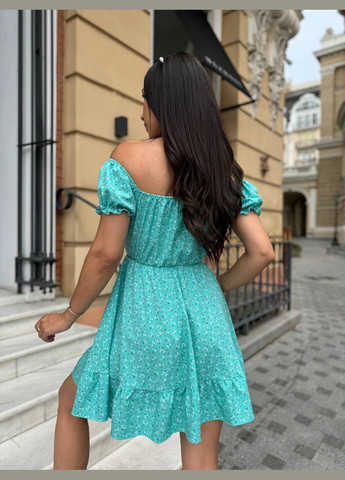 Бірюзова повсякденний, святковий, коктейльна, вечірня сукня жіноча з відкритими плечима No Brand з квітковим принтом