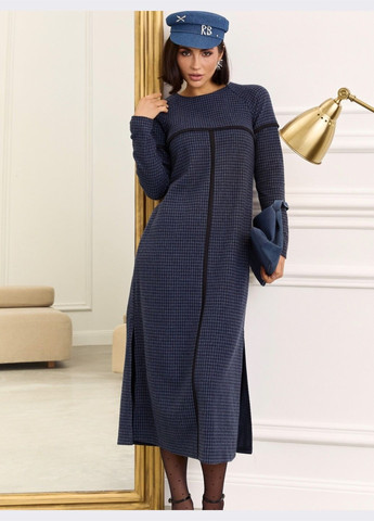 Темно-синее кэжуал платье в клетку с контрастным кантом тёмно-синее Dressa в клетку