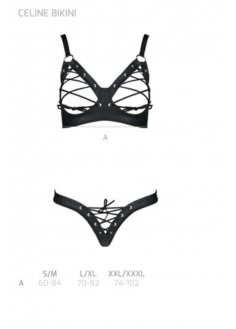 Чорний демісезонний комплект з екошкіри celine bikini black: відкритий бра зі стрічками, стрінги зі ш Passion