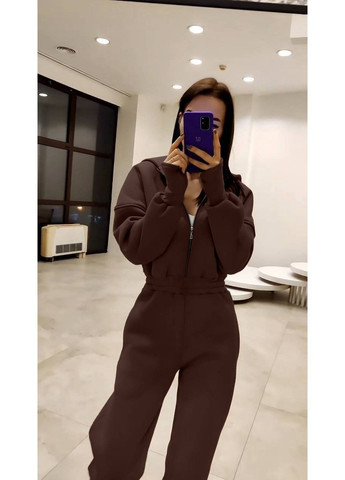 Женский комбинезон на флисе Avanti комбинезон-брюки однотонный тёмно-коричневый повседневный трехнитка с начесом