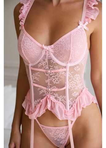 Рожевий демісезонний мереживний корсет із трусиками / еротичний комплект білизни з підв’язками / ніжний жіночий сатиновий сет 💗 No Brand
