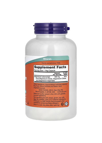 . Magnesium Caps. Магний, 400 мг, 180 капсул Now Foods (361858587)
