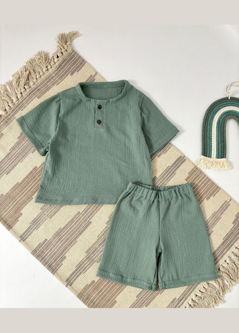 Зелений літній дитячий літній костюм сорочка з капюшоном+шорти+футболка+штани оливковий брючний, з сорочкою, трійка, з шортами No Brand