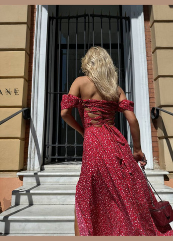 Червона красива літня сукня-максі з відкритою спиною із супер-софту зі спущеним рукавом, ніжна сукня зі шнурівкою на спині. No Brand