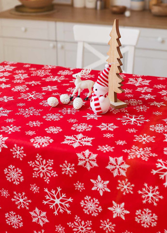Новорічна скатертина бавовняна "Сніжинки білі (на червоному)" 2.2м х 1.5м (розкладний стіл) Homedec - (366734883)