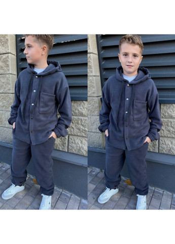 Серый костюм для мальчиков флис полар двухсторонний полированный,рубашка на кнопках с капюшоном и брюки Україна
