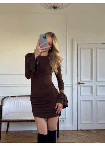 Коричневое вечернее, кэжуал мини-платье с драпировкой и воланами на рукавах MonCher