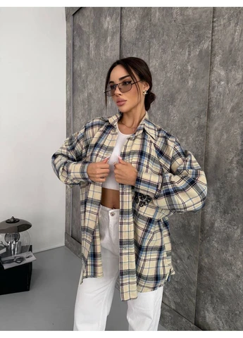 Молочная повседневный, кэжуал рубашка в клетку Dress Code с длинным рукавом