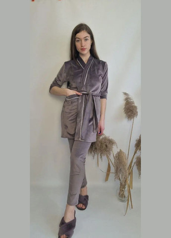 Кавова всесезон жіночий піжамний комплект одягу (халат, штани, майка) кавового кольору No Brand