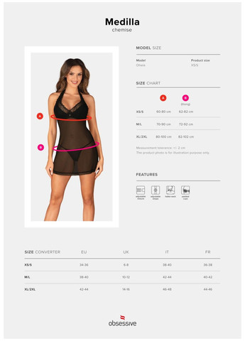 Чорний демісезонний комплект білизни пеньюар та стрінги medilla chemise & thong xs/s Obsessive