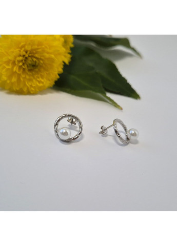 Срібні сережки гвоздики на фіксаторах Коло з Білою Перлиною срібло 925 проби Родоване вс447р 2.28г Nobrand (364653499)