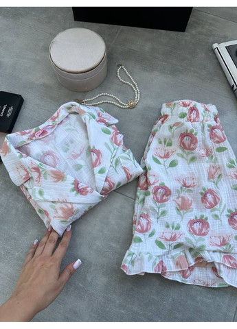 Белая женская муслиновая пижама с принтом рубашка + шорты No Brand Г1469-1123/1