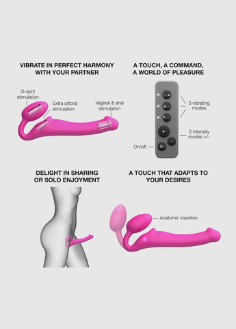 Безремневой страпон с вибрацией Vibrating Fuchsia L, диаметр 3,7 см, пульт ДУ, регулируемый Strap-On-Me (345122942)