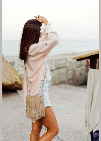 Шкіряна жіноча сумка з бахромою міні-кроссбоді Fleco світло-бежева (A-026289) BlankNote кросс-боди (327874280)