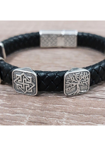 Браслет із рунами Вікінгів зі срібла з натуральною шкірою 22 см No Brand (364202093)