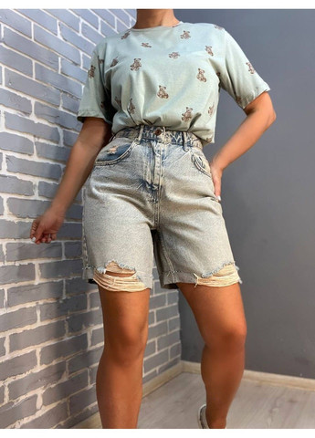 Шорти джинсові жіночі Women Denim 355-973 середня довжина рвані знизу No Brand (304548528)