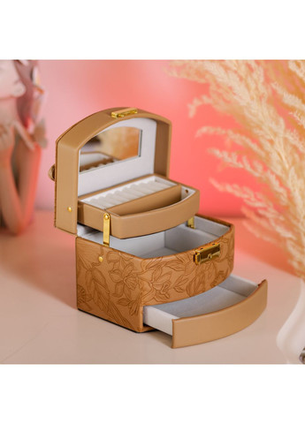 Шкатулка для украшений из экокожи коричневая 3 яруса с замком органайзер для ювелирных изделий с зеркалом ProDobro (364193345)