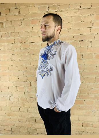 Белая мужская вышиванка дерево жизни сине-желтый орнамент НоКо свободная, прямой хлопок (303724272)