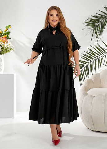 Черное повседневный женское льняное платье с рукавами цельнокроенными и юбкой полусолнце. с юбкой-солнце Tik-Tak однотонное