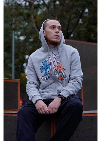 Чоловіча кофта демісезонна на блискавці сіра Chrome Hearts (379930884)