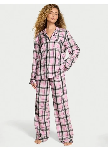 Розовая всесезон фланелевая пижама для высокого роста flannel long pajama set рубашка + брюки Victoria's Secret
