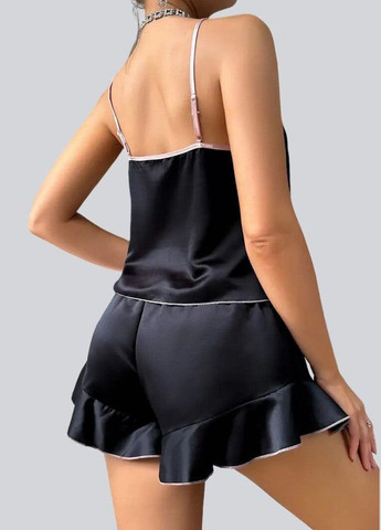 Чорна всесезон жіноча атласна піжама двійка майка з шортами піжамний комплект з бантиком жіночий літній набір для дому чорний майка + шорти Cindylove