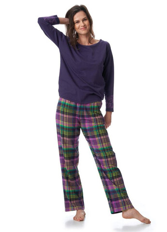 Фіолетова всесезон фланелева піжама зі штанами в клітинку кофта + брюки Key LNS 410 B23 violet