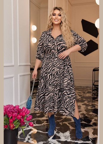 Бежевое женское свободное платье из софта цвет бежевый-черный р.50/52 450570 New Trend