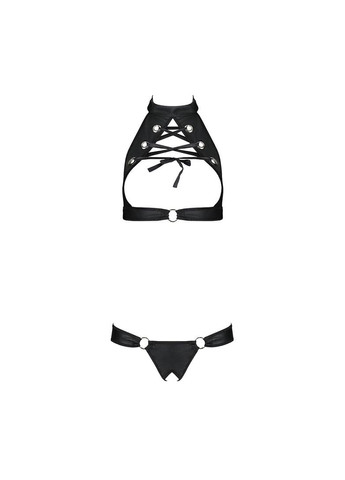 Чорний демісезонний комплект відкритий топ та трусики з екошкіри з люверсами malwia set with open bra l/xl black Passion