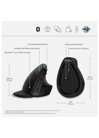 Беспроводная мышь HP 920 Ergonomic Vertical, 6 кн., до 4000 dpi черная Hewlett Packard (397283733)