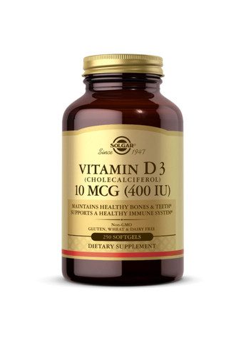 Вітамін D3 Vitamin D3 (Cholecalciferol) 10mcg (400 IU) - 250 Softgels Solgar (280917017)