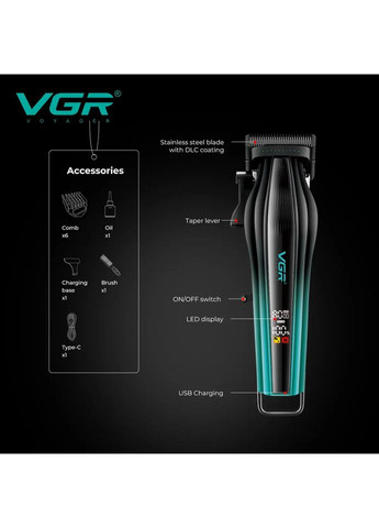 Аккумуляторная машинка для стрижки V-273 c 6 насадками и LED дисплей чорный з зеленым 10 Вт VGR (361309649)