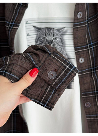 Коричневая спортивная, повседневный, джинсовая рубашка в клетку No Brand с длинным рукавом