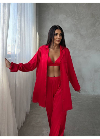 Червона всесезон піжама жіноча - домашній костюм трійка сорочка + топ + брюки No Brand