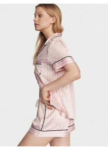 Бледно-розовая сатиновая пижама в розовую полоску с шортами glazed satin short pajama set виктория сикрет оригинал рубашка + шорты Victoria's Secret