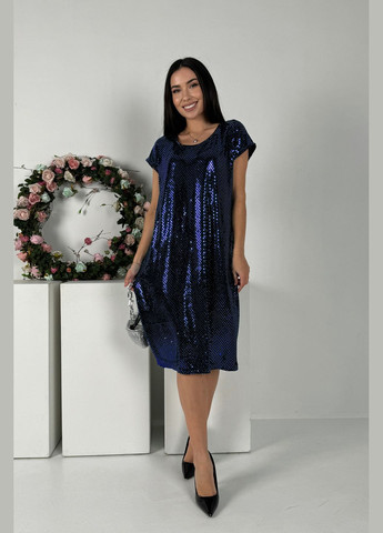 Синя святковий, кежуал, вечірня чарівна блискуча коктейльна пряма сукня довжини міді футляр INNOE однотонна