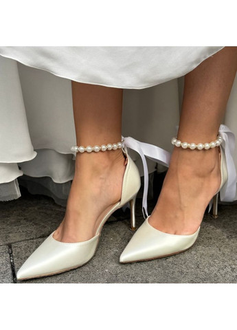 No Brand Жіночі туфлі весільні атласні та ремінцем перли та брошкою 7,5 см білий з текстиль, — (351394599)