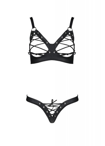 Черный демисезонный комплект из экокожи celine bikini 4xl/5xl — : открытый бра с лентами, стринги со шнуровкой Passion