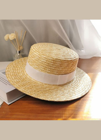 Літній солом'яний капелюшок канотьє з білою стрічкою (поля 7 см) No Brand (293943125)