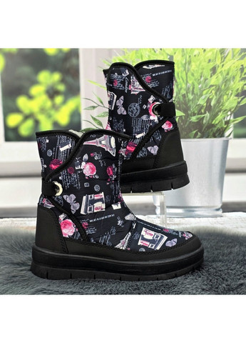 Черные сапоги дутики женские кредо черные с цветочным принтом на меху Kredo