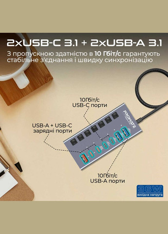 USB-хаб Gegahub-10G USB Type-C 7-в-1 Grey Promate (336952067)