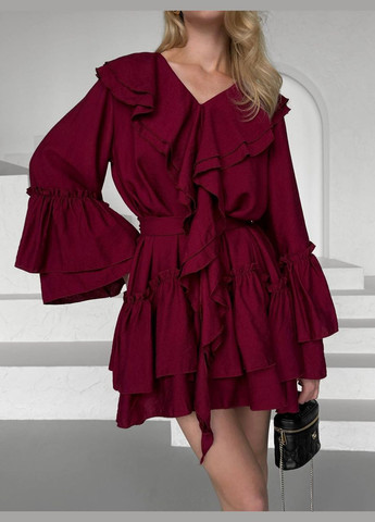 Темно-бордовое свободное платье в стиле бохо из натуральной ткани (лён), летнее платье цвета бургунди No Brand однотонное