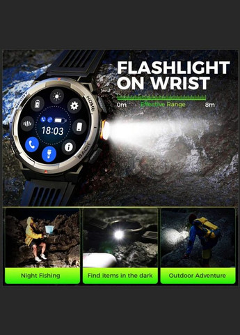 Военный смарт-часы для мужчин с фонариком, SOS, 3ATM, 530mAh аккумулятор, с компасом, с барометром, два ремешк No Brand (333835059)