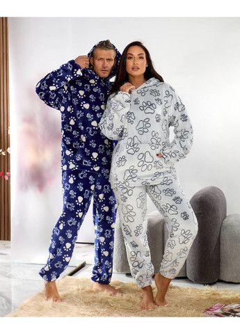 Сіра піжама унісекс лапки,тепла з кенгуру,двосторонній плюш штани та кофта з капюшоном Україна