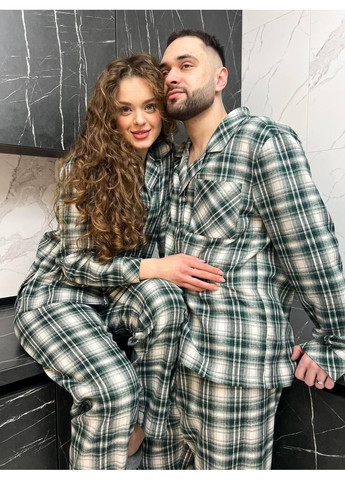 Мужская фланелевая пижама в зелено-белую клеточку / Теплая мужская пижама из фланели зеленая / Домашний мужской комплект для сна No Brand (367610176)