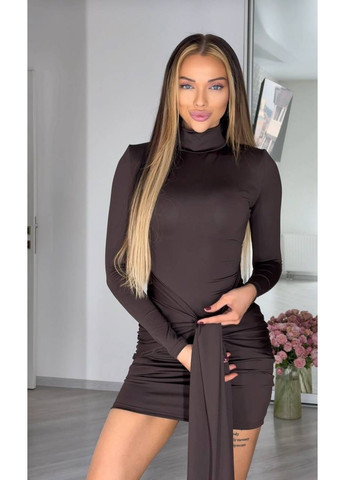 Коричневое вечернее, кэжуал женское мини-платье с длинным рукавом Україна однотонное