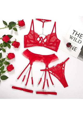 Красный демисезонный кружевной комплект с поясом. женский комплект белья, прозрачный кружевной комплект. секси комплект No Brand