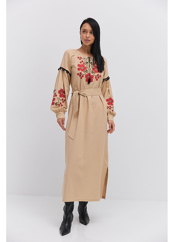 Бежева довге плаття-вишиванка бежеве з червоними маками хрестиком Arjen льон (297579126)