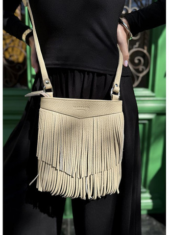 Шкіряна жіноча сумка з бахромою міні-кроссбоді Fleco світло-бежева BlankNote кросс-боди (348359322)