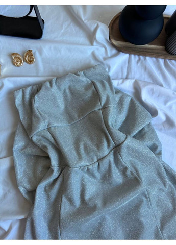 Сріблястий святковий, коктейльна, вечірня жіноча блискуча сукня з бантом з відкритими плечима Avanti однотонна